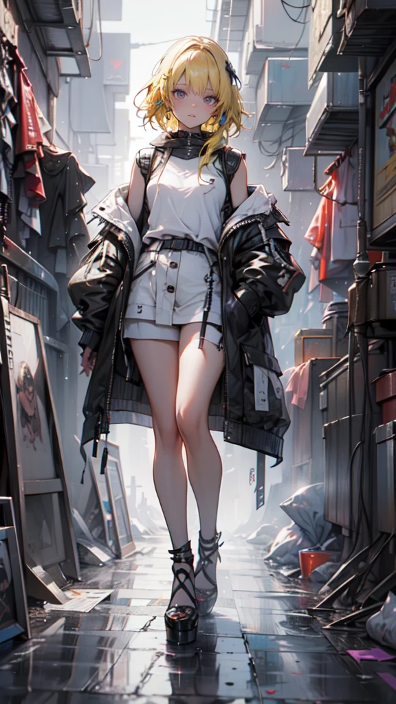 1 girl, short yellow hair, cyberpunk, Alice in Wonderland, black high heels, hand in pocket, best quality, 4k, 8k, highres, masterpiece:1.2, ultra-detailed, realistic, photorealistic, photo-realistic:1.37, HDR, UHD, studio lighting, ultra-fine painting, sharp focus, physically-based rendering, extreme detail description, professional, vivid colors, bokeh, concept art