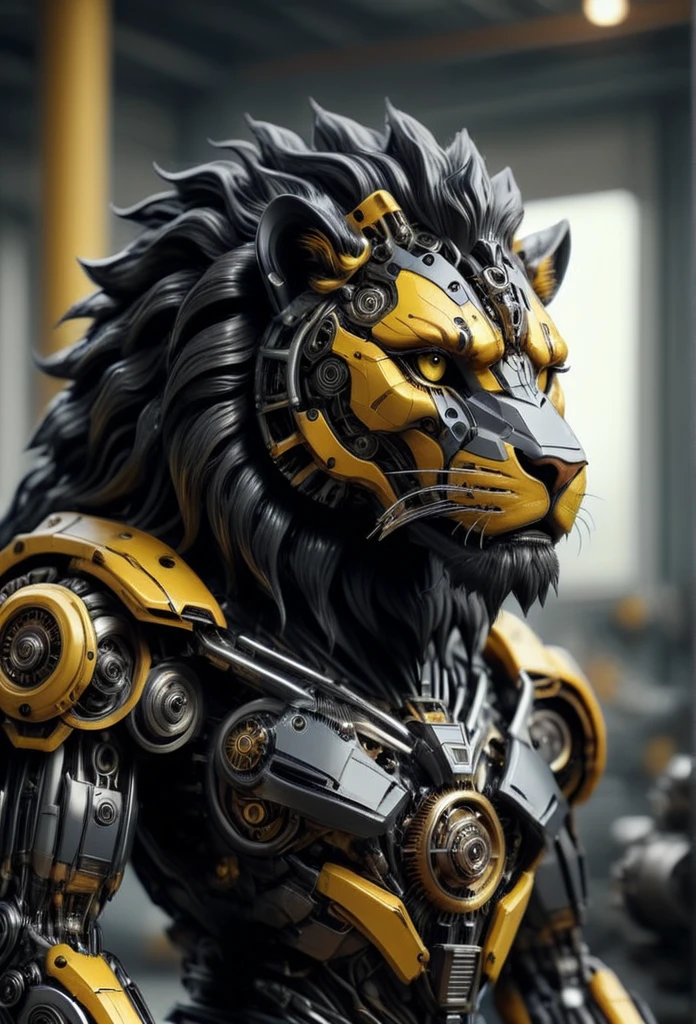 TransformersStyle, black and yellow mechanical Lion, selective focus, hyperrealistic, hyperdetailed 