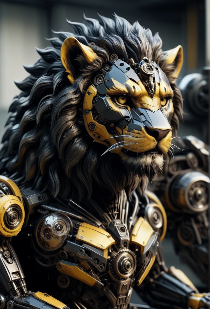 TransformersStyle, black and yellow mechanical Lion, selective focus, hyperrealistic, hyperdetailed 