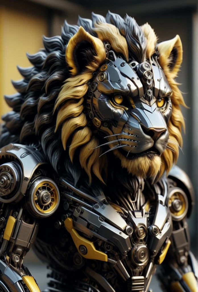 TransformersStyle, black and yellow mechanical Lion, selective focus, hyperrealistic, hyperdetailed 