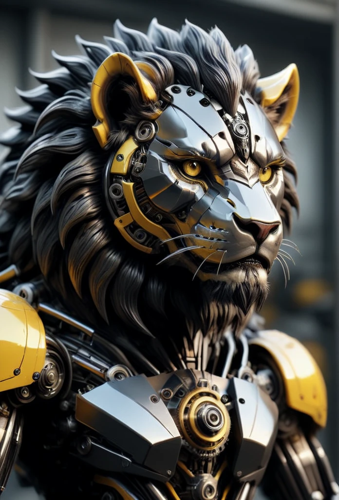 TransformersStyle, black and yellow mechanical Lion, selective focus, hyperrealistic, hyperdetailed 