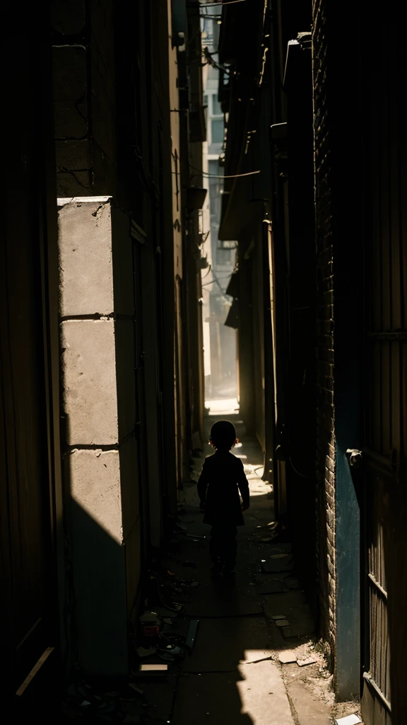 The Strange Sound in the Alley The scene abruptly changes to a narrow, shadowy alley. The shadows are thick, and the environment seems oppressive. Indistinct, unsettling sounds echo from a dark corner. The camera slowly moves towards the alley, highlighting the growing fear on the face of a young playing in the distance.