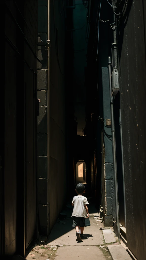 The Strange Sound in the Alley The scene abruptly changes to a narrow, shadowy alley. The shadows are thick, and the environment seems oppressive. Indistinct, unsettling sounds echo from a dark corner. The camera slowly moves towards the alley, highlighting the growing fear on the face of a young playing in the distance.