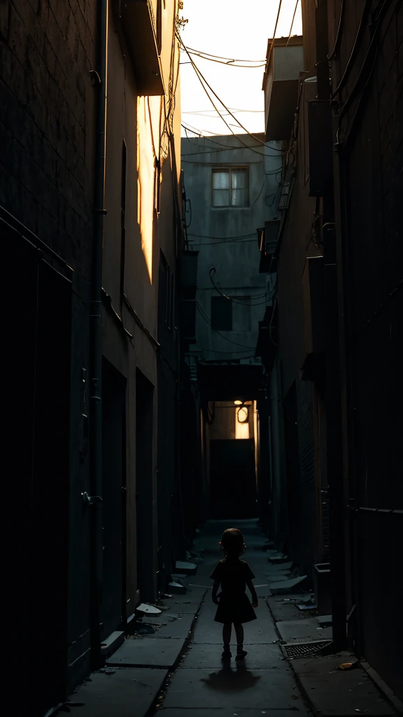 The Strange Sound in the Alley The scene abruptly changes to a narrow, shadowy alley. The shadows are thick, and the environment seems oppressive. Indistinct, unsettling sounds echo from a dark corner. The camera slowly moves towards the alley, highlighting the growing fear on the face of a young playing in the distance.