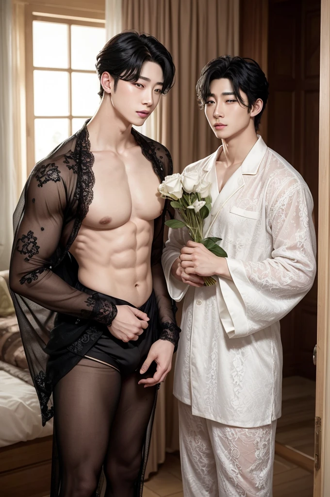 Wonho being a handsome prince with black hair and strong shirtless holding the commoner Hyungwon with blonde hair dressed in lace pajamas with flowers and animals around