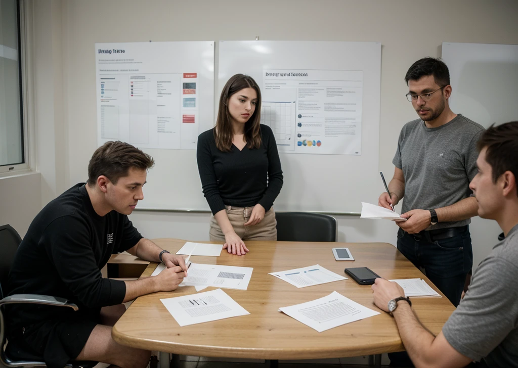 create the image of a table with various papers and graphs and several professional men and women around this table, discussing the creation of a new project for a company