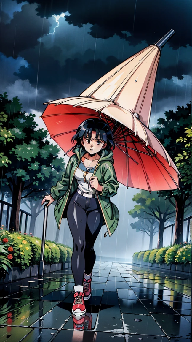 A realistic illustration of a woman hurrying home in the middle of a typhoon. The scene shows the woman wearing a raincoat and holding an umbrella, struggling against strong winds and heavy rain. The background includes stormy skies, swaying trees, and waterlogged streets, capturing the intensity of the typhoon.