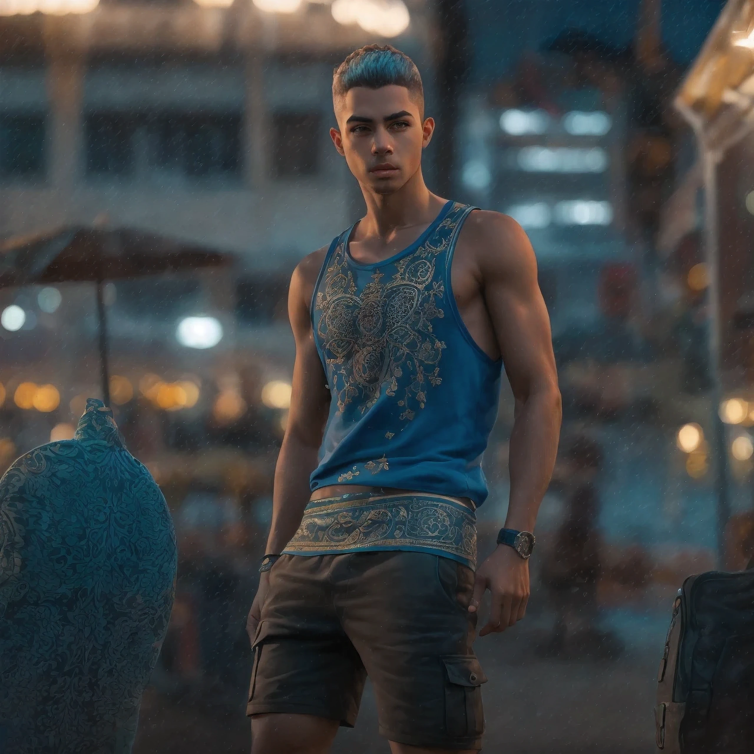 1 brazilian male, perfect detailed brown eyes, beautiful detailed eyebrows, beautiful detailed lips, short straight blue hair, dyed blue nape, Coolane Rhinestone Skeleton Pattern Cami Top With Sweatshirt Super Short, Dianhua Men's Cargo Pants Harem joggers in casual hip hop sweatshirt with multiple pockets, thin waist, thick legs, thick thighs, ultra detailed rio de janeiro beach at night, night lighting, beautiful night scenery, (best quality,4k,8k,highres,masterpiece:1.2),ultra-detailed,(realistic,photorealistic,photo-realistic:1.37), cinematic lighting, vibrant colors, highly detailed