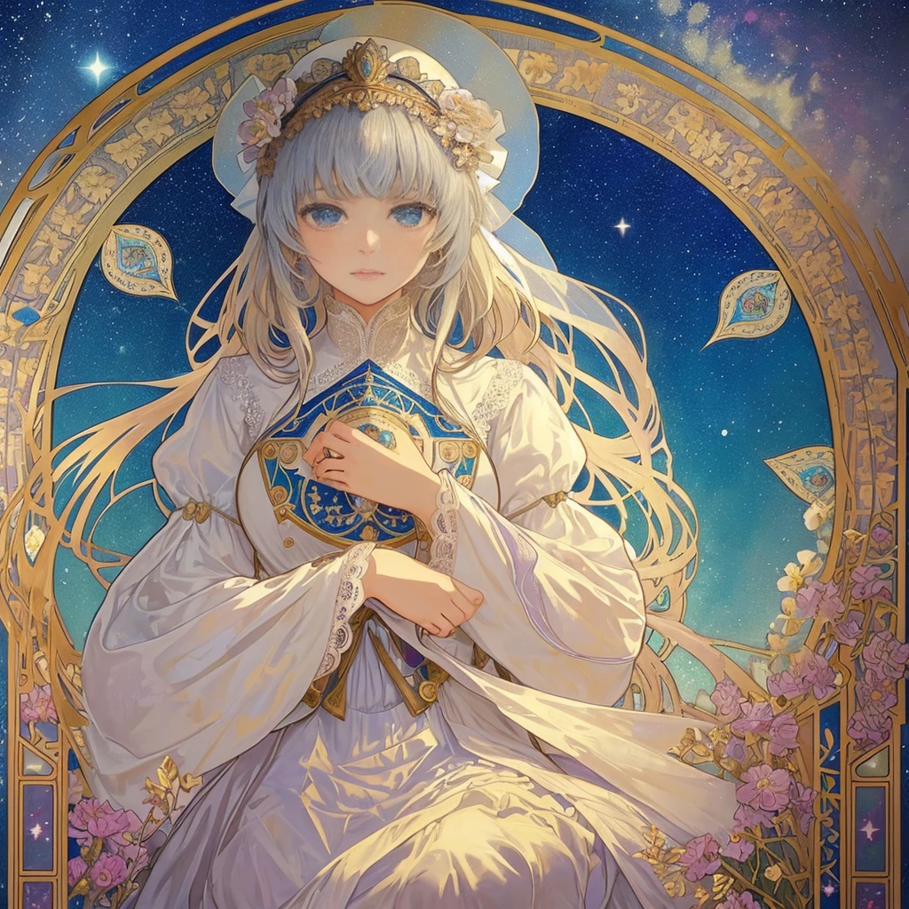 (((1 girl ))), Tafah, Highest quality, Beautiful、aesthetic: 1.2, gem, Quality lace, Detailed frame, Flowers, paper, فتاة Beautifulة تناسب الإطار, (Alphonse Mucha style), (خلفية StarRy Sky الBeautifulة), Light colored hair, Dreamy, Wear gothic lolita