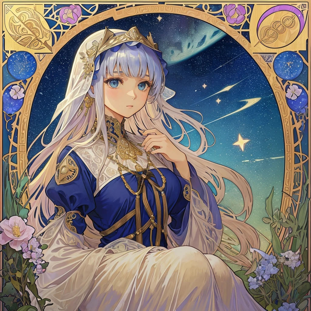 (((1 girl ))), Tafah, Highest quality, Beautiful、aesthetic: 1.2, gem, Quality lace, Detailed frame, Flowers, paper, فتاة Beautifulة تناسب الإطار, (Alphonse Mucha style), (خلفية StarRy Sky الBeautifulة),  Light colored hair, Dreamy, Wear gothic lolita