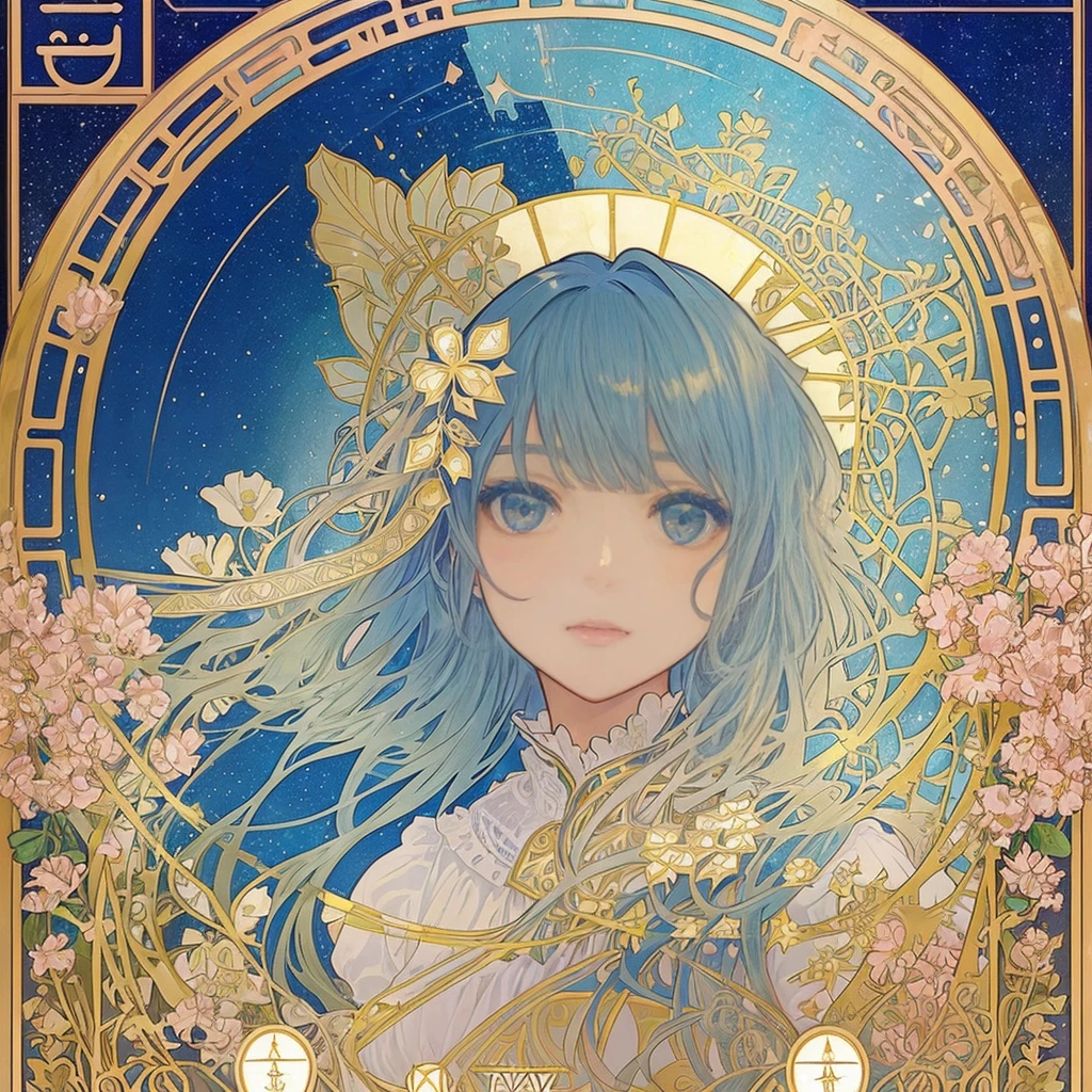 (((1 girl ))), Tafah, Highest quality, Beautiful、aesthetic: 1.2, gem, Quality lace, Detailed frame, Flowers, paper, فتاة Beautifulة تناسب الإطار, (Alphonse Mucha style), (خلفية StarRy Sky الBeautifulة),  Light colored hair, Dreamy, Wear gothic lolita