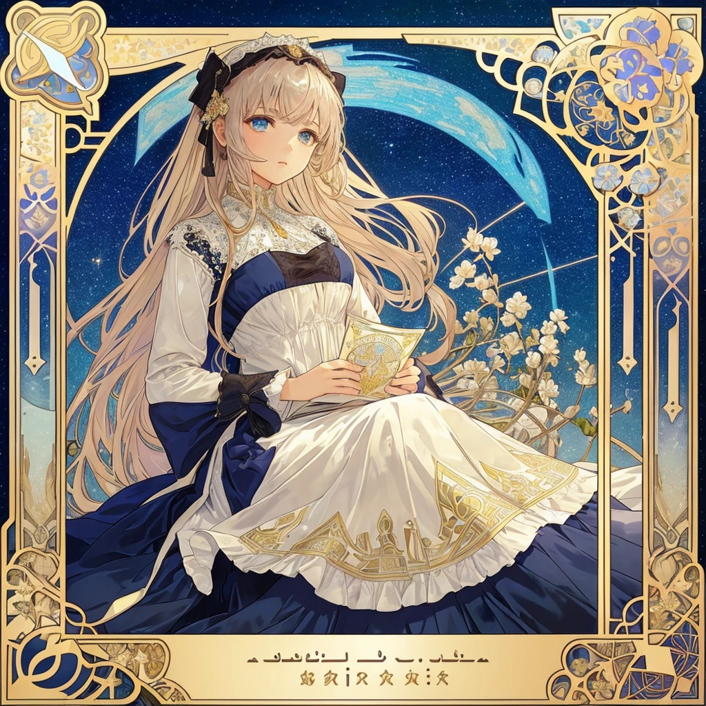 (((1 girl ))), Tafah, Highest quality, Beautiful、aesthetic: 1.2, gem, Quality lace, Detailed frame, Flowers, paper, فتاة Beautifulة تناسب الإطار, (Alphonse Mucha style), (خلفية StarRy Sky الBeautifulة), Light colored hair, Dreamy, Wear gothic lolita