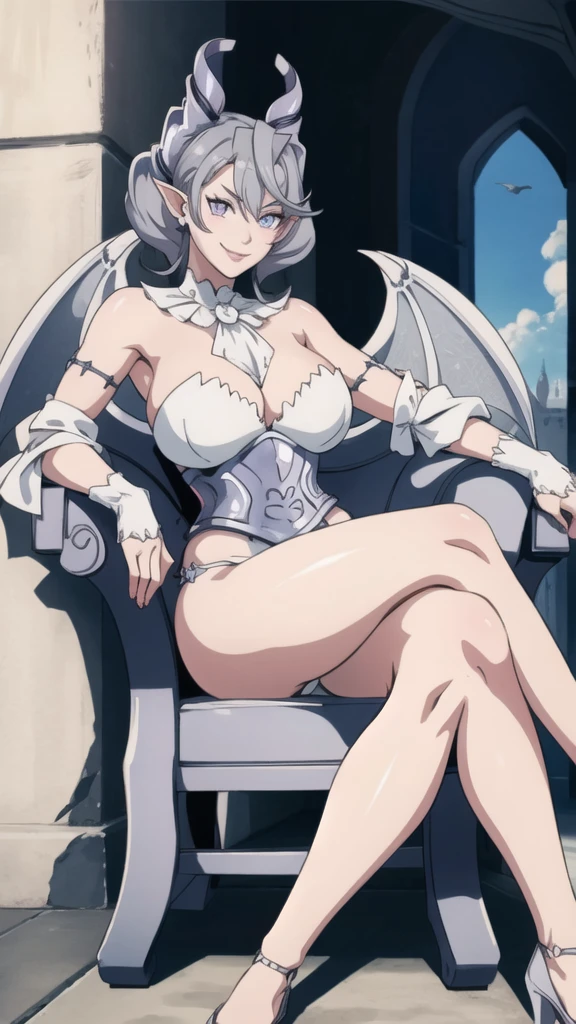 Outside castle top High level image quality best image quality 8K adult woman silver castle outside more colors whole body view portrait bikini horn ears short hair((shortcut)(gray hair)(perm)(fluffy)) eye color is blue , , attractive evil face , smile , sexy pose , labrynth , barearm , wearing pink , wings , sitting on chair ,holding her weapon , crossed legs, view heels , view side