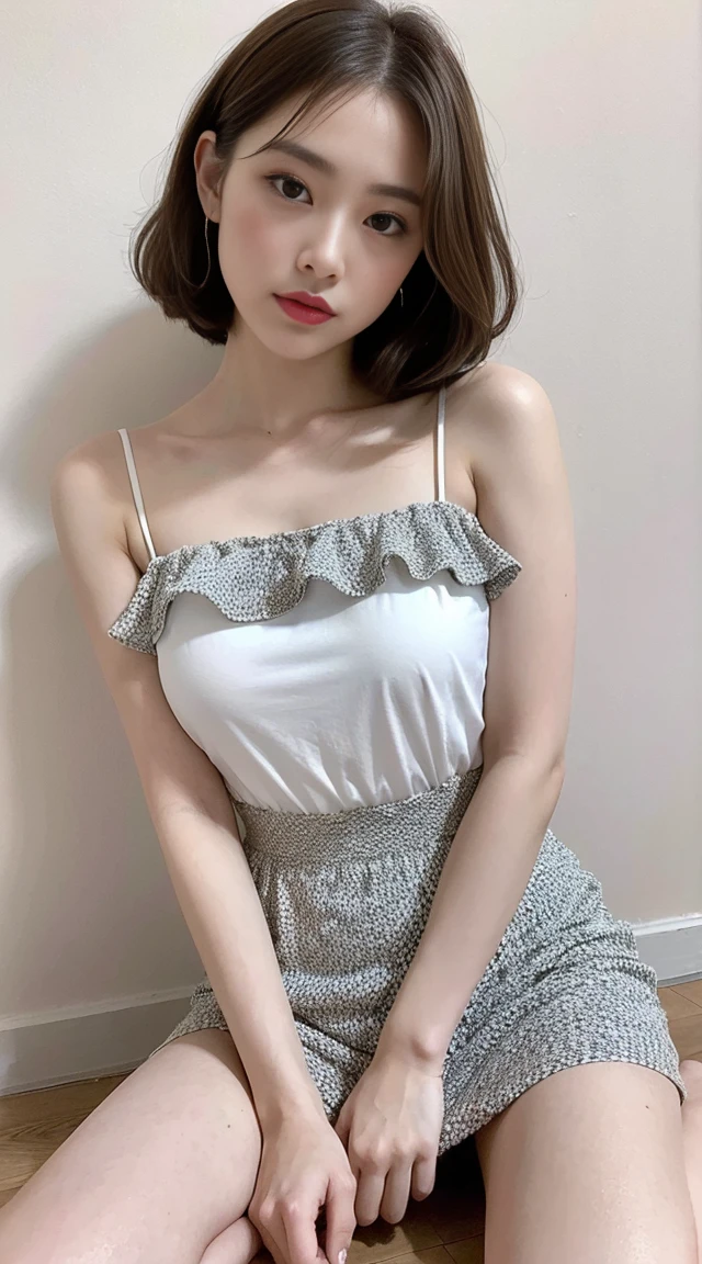 Dark brown hair、Light brown eyes、Japanese actress、 Lady、I am about 40 years old....、(Intricate details:1.2)、(Which is the top????:1.4)、 (Ultra-high resolution:1.2)、Ultra-high resolution、(Finely tuned)、(Detailed facial features)、Hmph、8K resolution、D cup size breasts、Long Hair、Updostyle, Updo、Hair Bun、1 Girl, Deep sorrowの表情, (Very detailed美しい顔), (camisole:1.5), (Bare shoulders:1.3), (Highest quality:1.4), (Very detailed)、Beautiful fair skin with transparency,、Top View、 Spread your legs wide, Please open your mouth a little、Her legs are visible through the dress、Deep sorrow、Pose of Weakness、Obscene pose、White floor、White wall、The morning sun shines in、Look here、