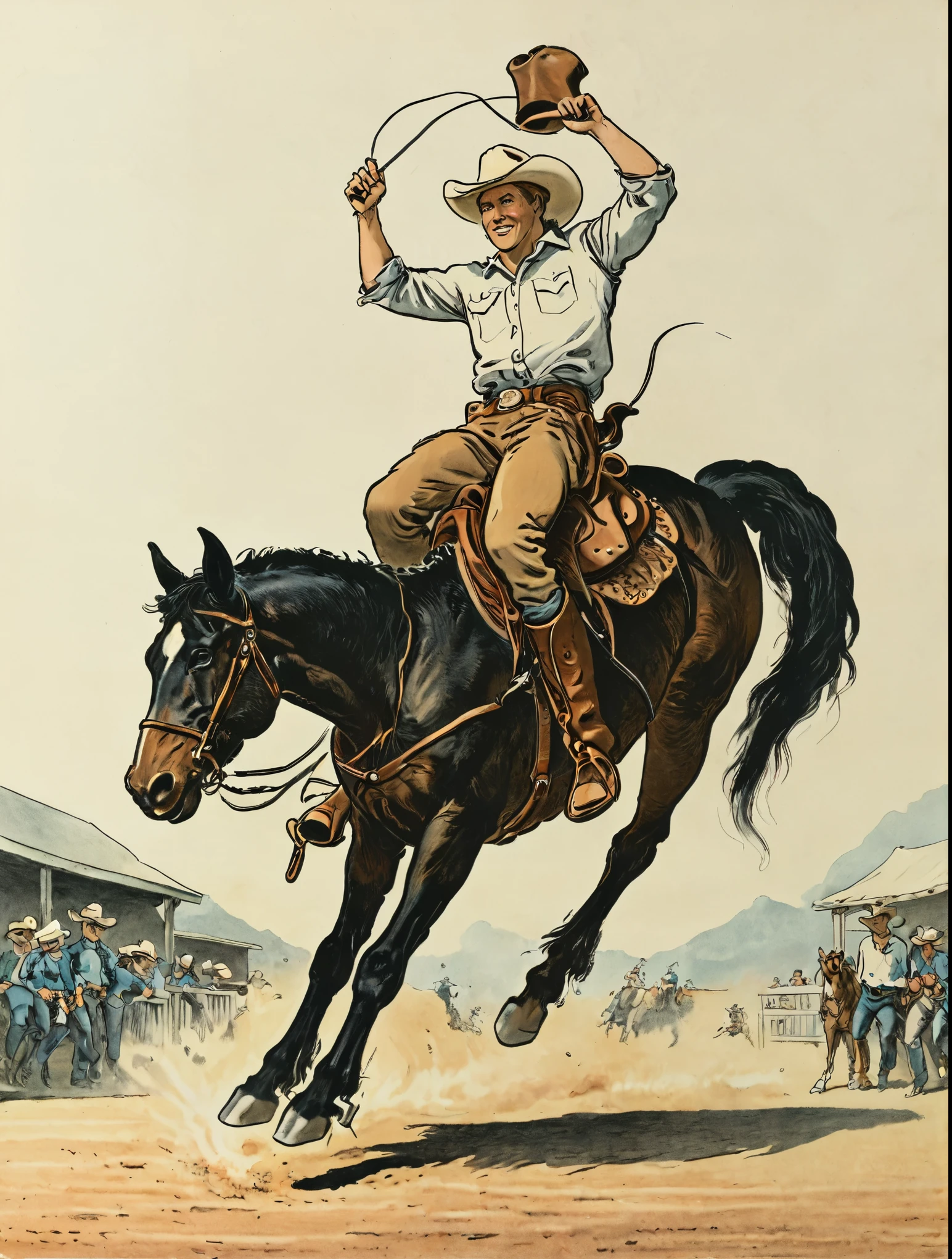 rodeo cowboy riding a horse with its legs up in the air, black and white, 2d