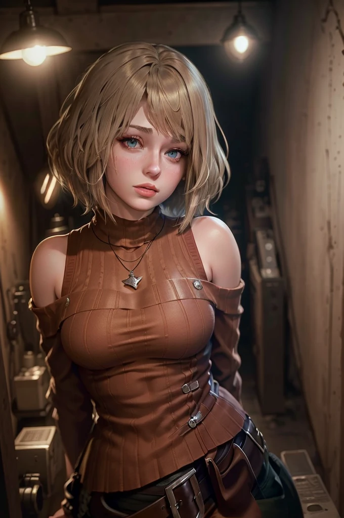 Ashley Graham cute girl re4,highest quality, masterpiece, ultra high resolution, (realistic: 1.4), , 1 girl, off shoulder, cinematic lighting, huge tits nude , heterochromia, blonde hair long ,