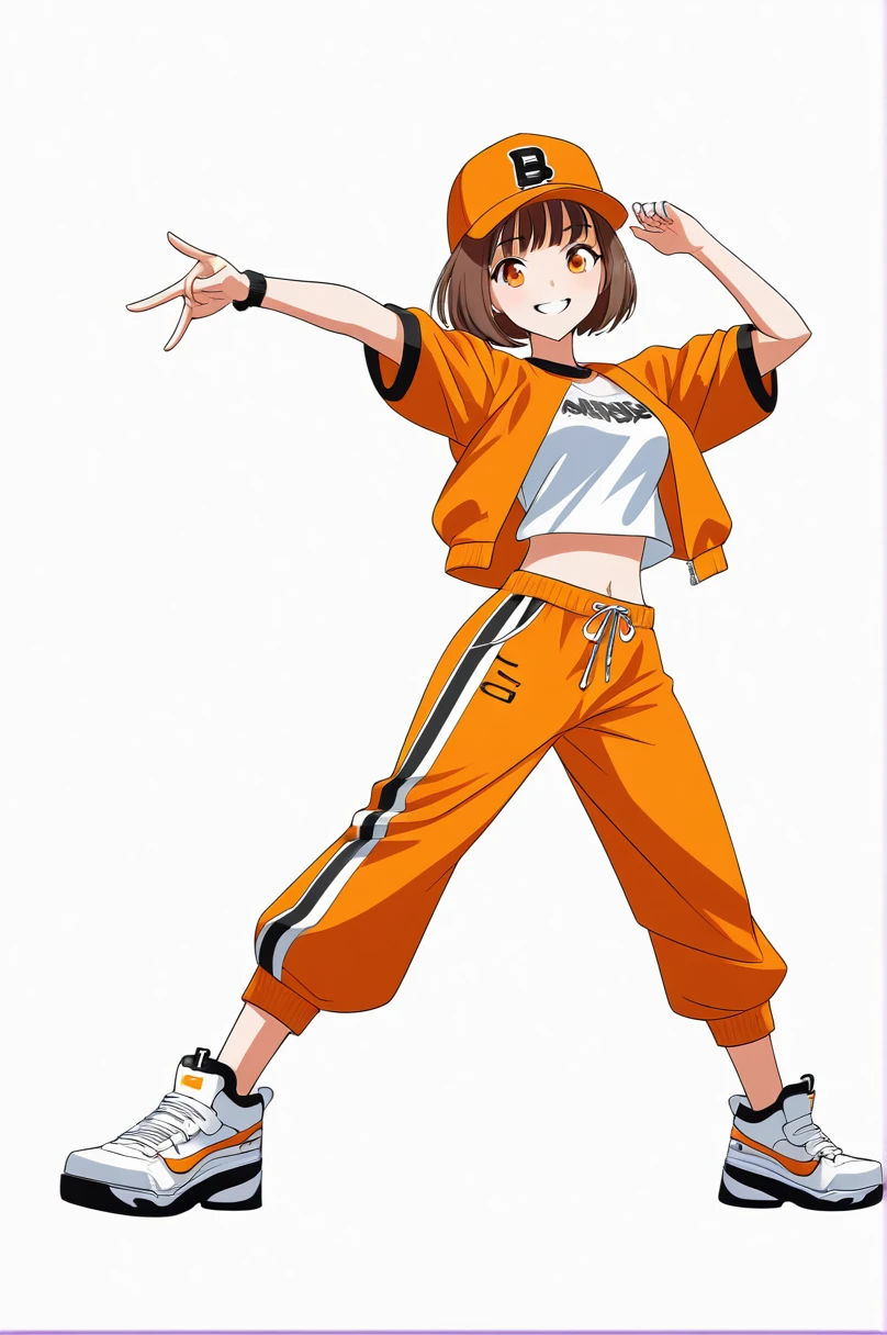 ((((White background)))), ((((Full body)))), brown Hair, short Hair, Bobcut, Anime Style, beautiful girl, Orange eyes, Hip Hop Clothes, Baseball Cap, Orange clothes, Dynamic Angle, 4K, 8K, Cool smile, Cool look,