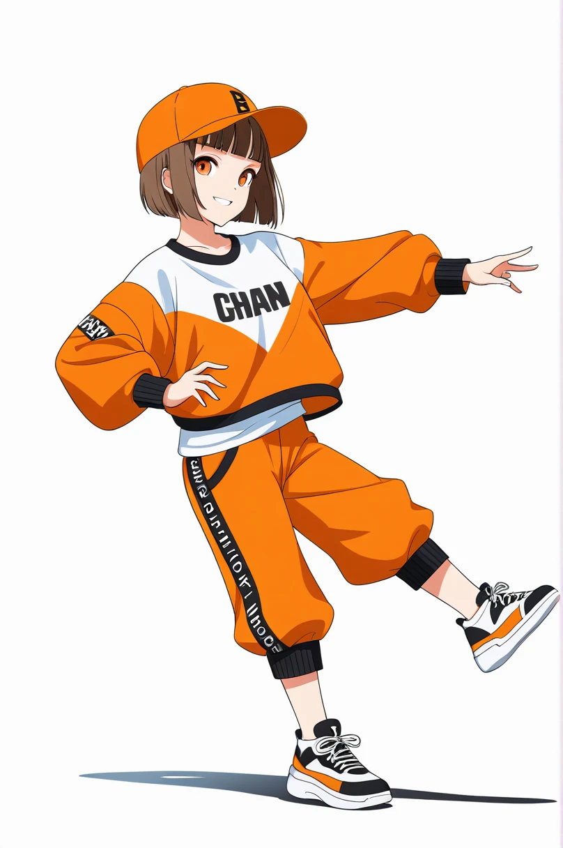((((White background)))), ((((Full body)))), brown Hair, short Hair, Bobcut, Anime Style, beautiful girl, Orange eyes, Hip Hop Clothes, Baseball Cap, Orange clothes, Dynamic Angle, 4K, 8K, Cool smile, Cool look,