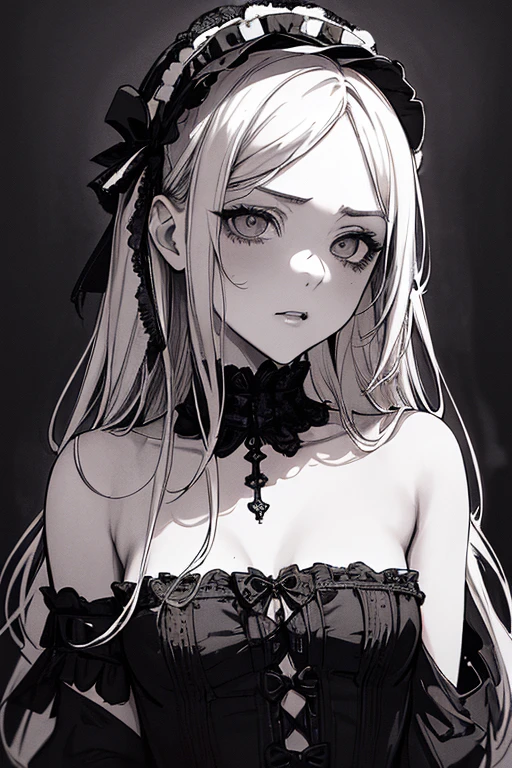Highest quality, (Background details), High Contrast, Very beautiful girl, Small breasts、Detailed original illustrations、Gothic Lolita、（Brat）、Provocative eyes、Provocative、functional、Delicate face、Charm、sexy、Real breasts、Head close-up, Black background, (Black background: 1.5), Beautiful line art、Monochrome