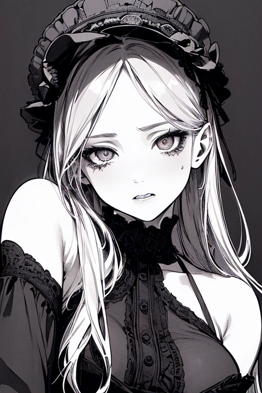 Highest quality, (Background details), High Contrast, Very beautiful girl, Small breasts、Detailed original illustrations、Gothic Lolita、（Brat）、Provocative eyes、Provocative、functional、Delicate face、Charm、sexy、Real breasts、Head close-up, Black background, (Black background: 1.5), Beautiful line art、Monochrome