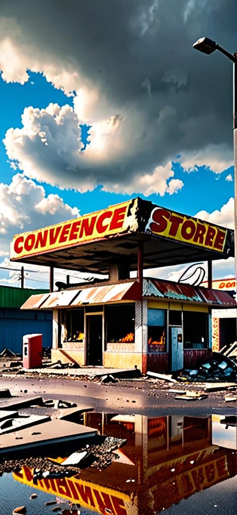 Photo of a torn down abandoned convenience store in a Post-apocalyptic 2077, Post-apocalyptic, Post-apocalyptic, partly cloudy, Something is burning