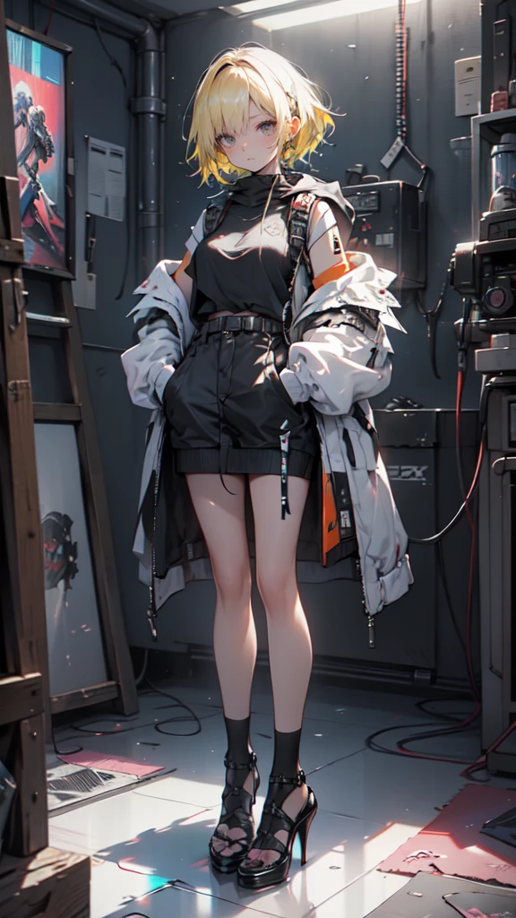 1 girl, short yellow hair, cyberpunk, Alice in Wonderland, black high heels, hand in pocket, best quality, 4k, 8k, highres, masterpiece:1.2, ultra-detailed, realistic, photorealistic, photo-realistic:1.37, HDR, UHD, studio lighting, ultra-fine painting, sharp focus, physically-based rendering, extreme detail description, professional, vivid colors, bokeh, concept art