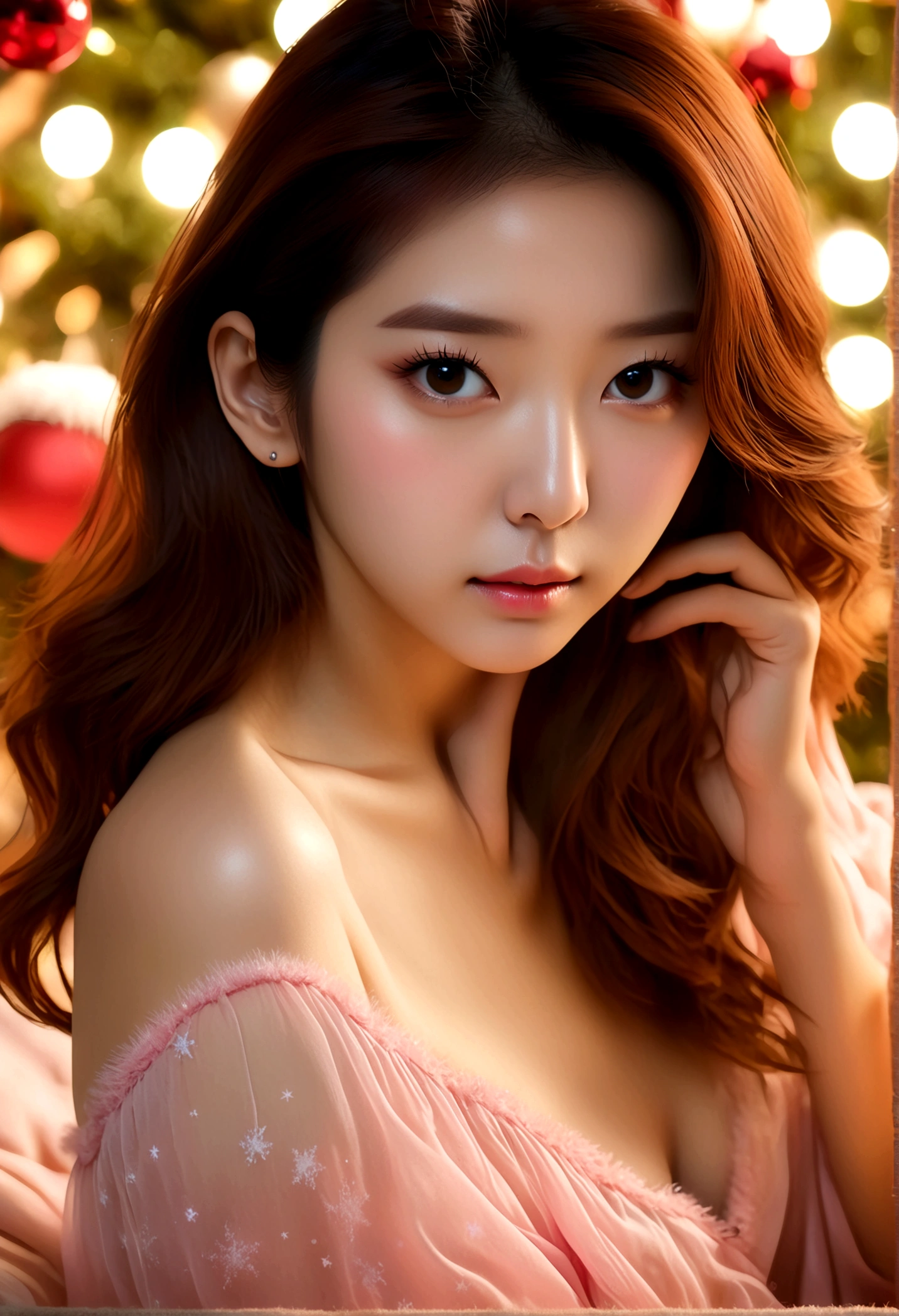 a beautiful young woman ((K-Pop singer Kim Gyu-mi (Sena), age 25), wearing an airy sheer Christmas night gown (shoulders exposed, deeply plunging neckline) , nude except for night gown, her intimate areas partially exposed and very detailed), she is laying on a bed decorated with Christmas silk sheets and is playing with a fluffy kitten while flirting with the viewer, Christmas lights have been hung along the edges of the ceiling , Christmas scene (best quality, 4k, 8k, highres, masterpiece:1.2), ultra-detailed, (realistic, photorealistic, photo-realistic:1.37), HDR, UHD, studio lighting, ultra-fine painting, sharp focus, physically-based rendering, extreme detail description, professional, vivid colors, bokeh, portrait, figurative, intimate, sensual, cozy, Christmas, warm lighting, chiaroscuro ( Along the top edge of the picture 'DO YOU TRUST ME' has been printed in Korean, and 'Girl Crush' is written over it in italics with neon pink ink. (show her entire body, show all of her)