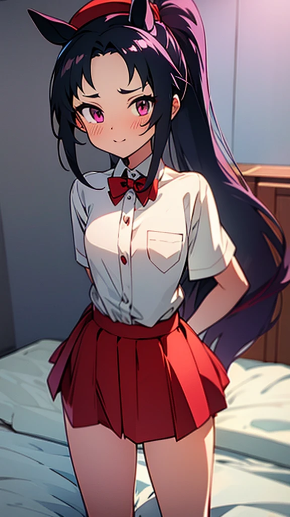 high tail hairstyle, Horse tail, Long wavy black hair, standing posing, anime girl style, pixel art anime style,penetrating look with deep eyes,red and purple eyes, hair with a ponytail hairstyle caught with a red bow, Women, red hair clips, black hat, short white shirt, mini skirt, smiling face blush, standing in his bedroom, next to his bed