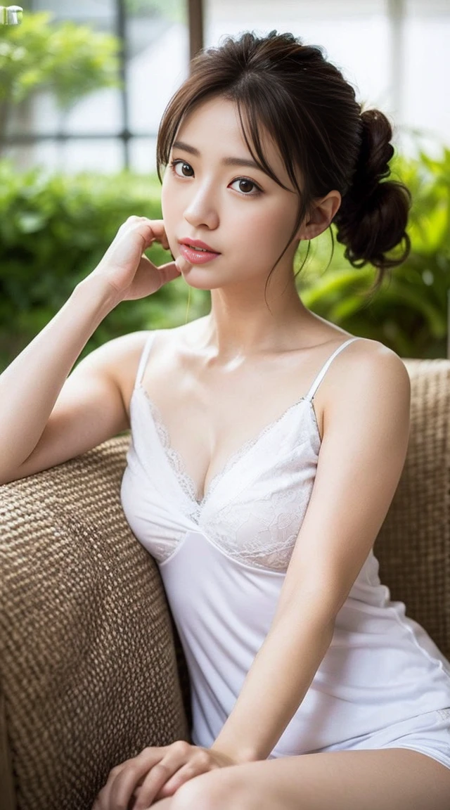Dark brown hair、Light brown eyes、Japanese actress、 Lady、I am about 40 years old....、(Intricate details:1.2)、(Which is the top????:1.4)、 (Ultra-high resolution:1.2)、Ultra-high resolution、(Finely tuned)、(Detailed facial features)、Hmph、8K resolution、D cup size breasts、Long Hair、Updostyle, Updo、Hair Bun、1 Girl, Deep sorrowの表情, (Very detailed美しい顔), (white camisole Loungewear:1.5), (Bare shoulders:1.3), (Highest quality:1.4), (Very detailed)、透明感のある美しい色white肌、Top View、 Please open your mouth a little、Her legs are visible through the dress、Deep sorrow、Pose of Weakness、Obscene pose、whiteい床、whiteい壁、The morning sun shines in、Weakness、