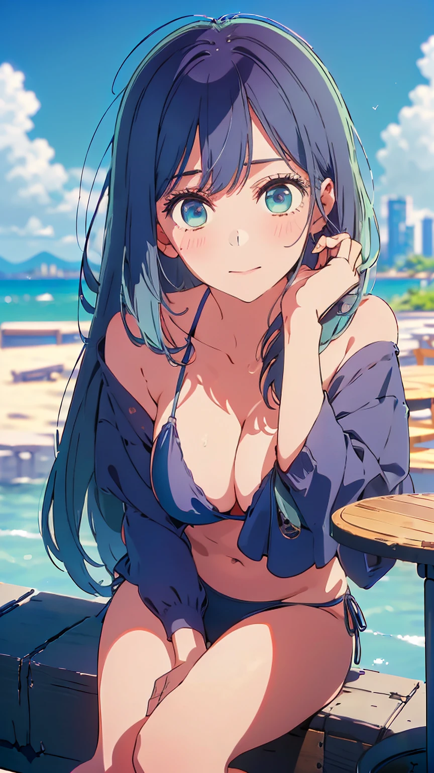 (Highest quality:1.4、masterpiece:1.4、Super detailed:1.4、8K:1.4)、F cup bust、Big Breasts、Slim body、((((1 person、Surprised expression、sit、Chair、In the background are the urban buildings of Tokyo、looking at the camera、Outdoor café terrace、coastal、Navy hair color、juice、Shooting up close、table、Very cute face))))、(Pose of putting hair behind ears with hands:1.4、Cheek resting on hand:1.4)、((nude、Areola、bikini))、Very blue sky、A completely cloudless sky、Big eyes、(((((Shallow depth of field)))))