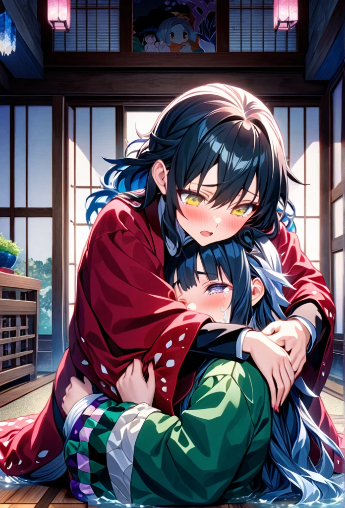Ultra detailed, highres, absurdres, HDR, master piece, anime girl, pretty woman with white long hair with deep red streaks, girl with yellow eyes, the girl is using a red haori, black demon slayer uniform, Kimetsu No Yaiba, fantasy, the girl is sad and crying, Tomioka Giyu, Water Hashira, Tomioka is worried and comforting her, romance, inside a japones house, best quality, extremely detailed face, love, passion, romance, anime, they are really in love, hug