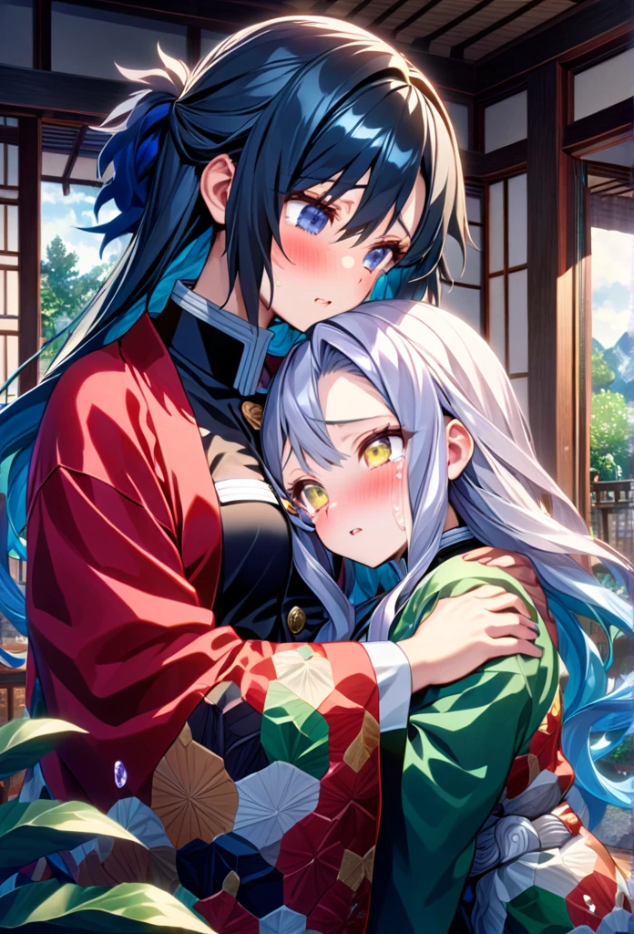 Ultra detailed, highres, absurdres, HDR, master piece, anime girl, pretty woman with white long hair with deep red streaks, girl with yellow eyes, the girl is using a red haori, black demon slayer uniform, Kimetsu No Yaiba, fantasy, the girl is sad and crying, Tomioka Giyu, Water Hashira, Tomioka is worried and comforting her, romance, inside a japones house, best quality, extremely detailed face, love, passion, romance, anime, they are really in love, hug