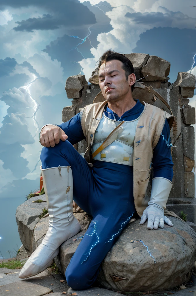 (masterpiece, best quality:1.2),medium shot, high angle photo of vegeta, king, ((50 years old)), serious, ((sad face)), spiked hair, black hair, black eyes, cavanhaque,white armor,com ombreiras marrom,capa vermela,  white gloves, sitting on stone throne, destroyed throne, destroyed castle background, sayan king, noble, post apocalyptic war,surrounded by (blue lightning:1.5), ((eyes closed)), sad person 