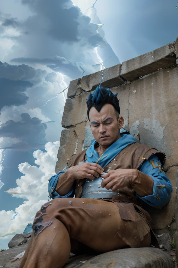 (masterpiece, best quality:1.2),medium shot, high angle photo of vegeta, king, ((50 years old)), serious, ((sad face)), spiked hair, black hair, black eyes, cavanhaque,white armor,com ombreiras marrom,capa vermela, white gloves, sitting on stone throne, destroyed throne, destroyed castle background, sayan king, noble, post apocalyptic war,surrounded by (blue lightning:1.5), ((eyes closed)), sad person