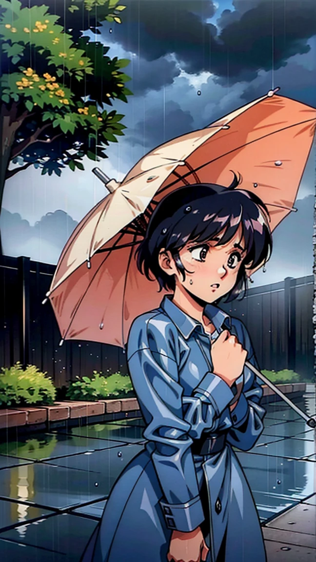 A realistic illustration of a woman hurrying home in the middle of a typhoon. The scene shows the woman wearing a raincoat and holding an umbrella, struggling against strong winds and heavy rain. The background includes stormy skies, swaying trees, and waterlogged streets, capturing the intensity of the typhoon.