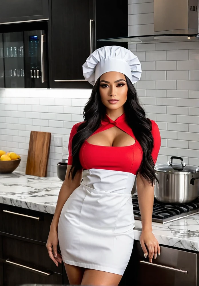 A Latina woman with long dark hair, dressed as a sexy chef in a modern kitchen. She is wearing a form-fitting, revealing chef’s outfit that includes a short skirt, a tight top, and a chef’s hat. The kitchen is sleek and contemporary, with high-end appliances, marble countertops, and stylish cabinetry. The woman has a poised, beautiful body with thick legs, fuller thighs, and larger breasts, giving her a curvier appearance. Her figure is stacked, and she has a gorgeous face. She is striking sexually suggestive and provocative poses, exuding confidence and allure as she interacts with the kitchen environment. Ensure that there are no visual bugs or distortions on her hands, feet, or any part of her body. The atmosphere is both playful and seductive, capturing the elegance and sophistication of a modern kitchen.