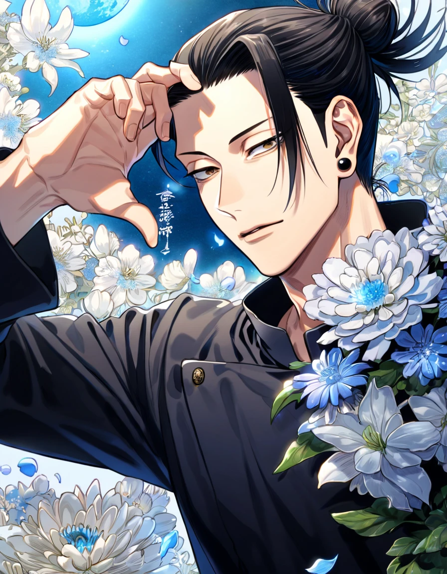 absurdres, highres, ultra detailed, HDR, master piece, Getou Suguru, black hair tied in a bun, expressive brown eyes, black shirt, black piercing, Jujutsu Kaisen, man, handsome, best quality, blue moon, flowers, fantasy, magical, solo, water, blue shining fireflies, blue petals, Jujutsu Kaisen uniform