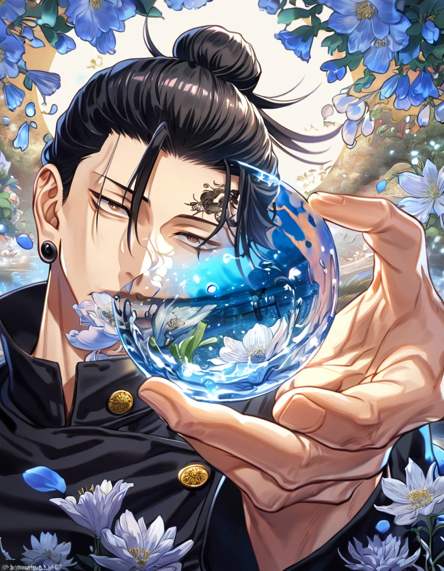 absurdres, highres, ultra detailed, HDR, master piece, Getou Suguru, black hair tied in a bun, expressive brown eyes, black shirt, black piercing, Jujutsu Kaisen, man, handsome, best quality, blue moon, flowers, fantasy, magical, solo, water, blue shining fireflies, blue petals, Jujutsu Kaisen uniform
