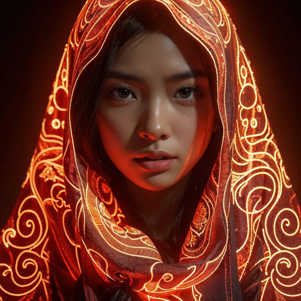 Make a close up picture of a beautiful, super realistic young Indonesian girl looking at the camera with an outline of glowing red neon lights.The figure is wrapped in a shawl with intricate neon patterns and designs that also glow in the same orange hue. This shawl has tassels at the bottom, which are styled to look like small flames, enhancing the overall fire theme. dark background ultra HD 64k studio hyperrealism lightning light reflection