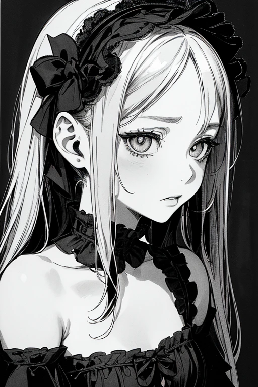 Highest quality, (Background details), High Contrast, Very beautiful girl, Small breasts、Detailed original illustrations、Gothic Lolita、Twin tails、(Brat)、Provocative eyes、Provocative、functional、Delicate face、Charm、sexy、Real breasts、Head close-up, Black background, (Black background: 1.5), Beautiful line art、Monochrome