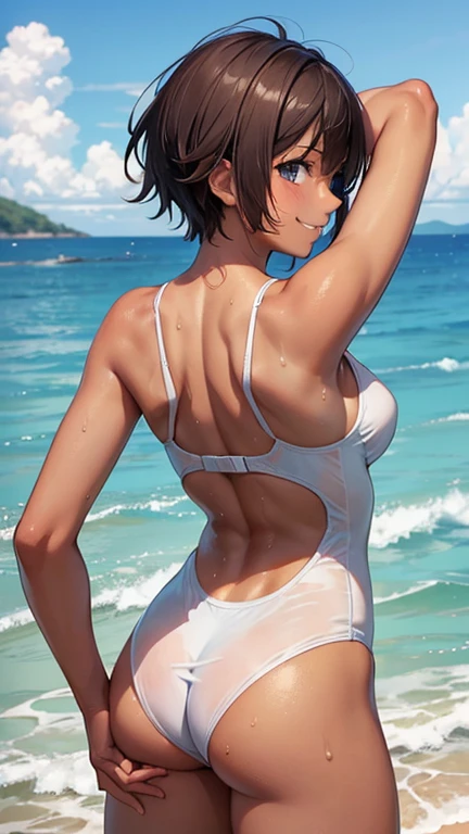 highest quality、Realistic、Chestnut Hair、Light blue eyes、Very Short Hair、One piece swimsuit、Tanned black body、A well-trained body、athlete、Tan、Brown Skin、slender、boyish、Sweat、smile、Ocean、Back view