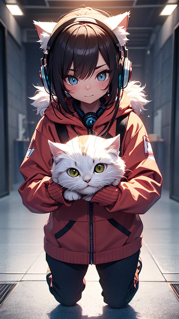 Cute cat with fluffy fur wearing one hoodie and headphones, The background is modern and inorganic, Adorable digital painting, 3D Rendering, Bright lighting, Vibrant colors,