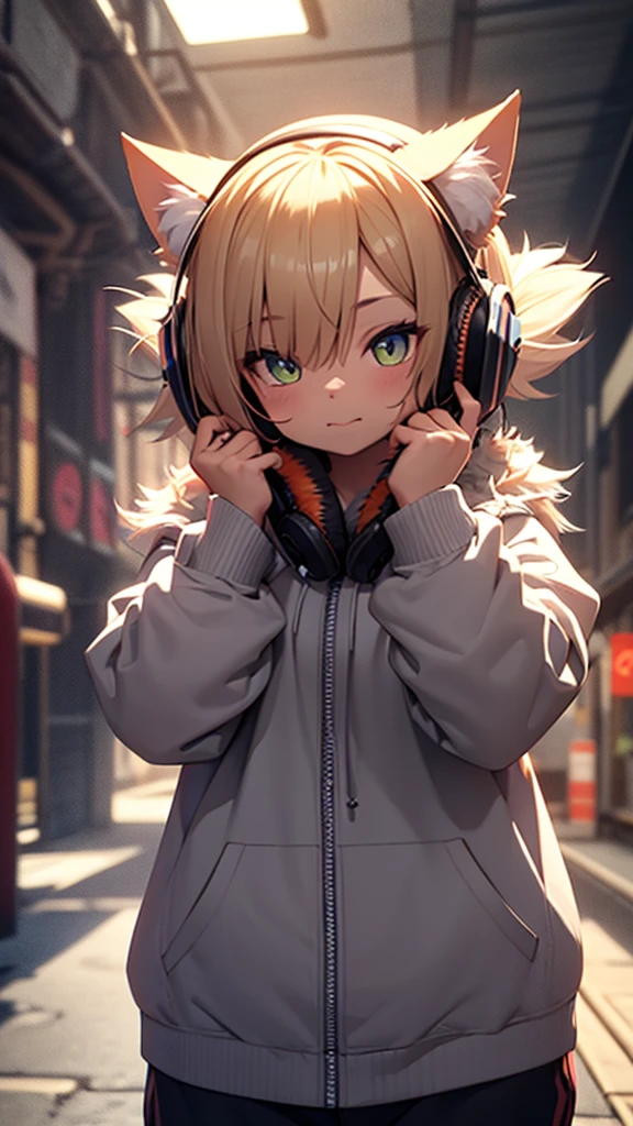 Cute cat with fluffy fur wearing one hoodie and headphones, The background is modern and inorganic, Adorable digital painting, 3D Rendering, Bright lighting, Vibrant colors,
