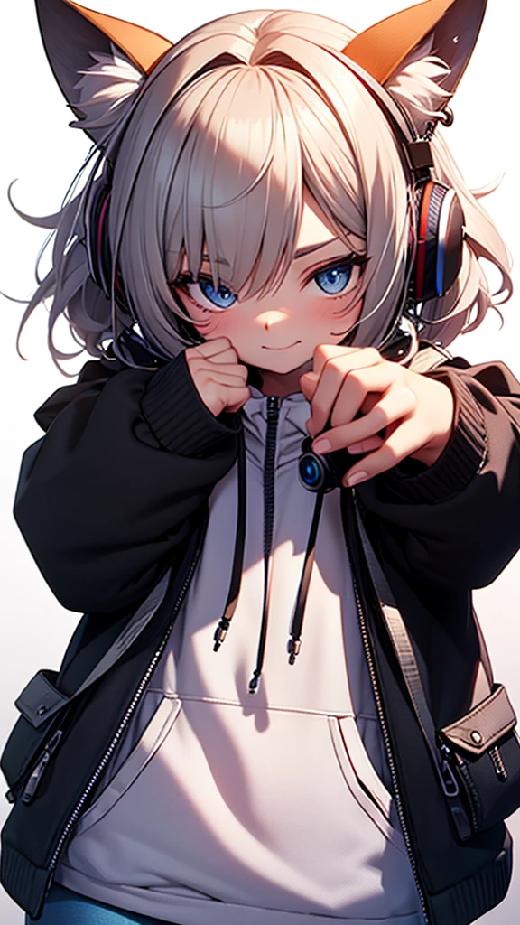 Cute cat with fluffy fur wearing one hoodie and headphones, The background is modern and inorganic, Adorable digital painting, 3D Rendering, Bright lighting, Vibrant colors,