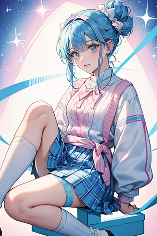 She has blue hair which is tied up in a bun. She also has bangs. She wears a white visor and a white bow around her neck. She wears a pink jumper and a pink and blue plaid skirt. She also wears knee-high socks and baby blue shoes. SPARKLE; GLITTER