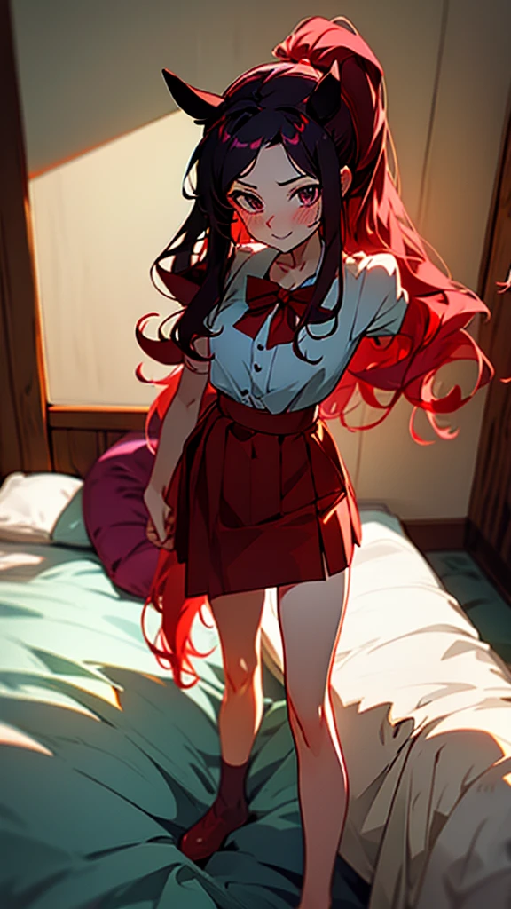 high tail hairstyle, Horse tail, Long wavy black hair, standing posing, anime girl style, pixel art anime style,penetrating look with deep eyes,red and purple eyes, hair with a ponytail hairstyle caught with a red bow, Women, red hair clips, black hat, short white shirt, mini skirt, smiling face blush, standing in his bedroom, next to his bed