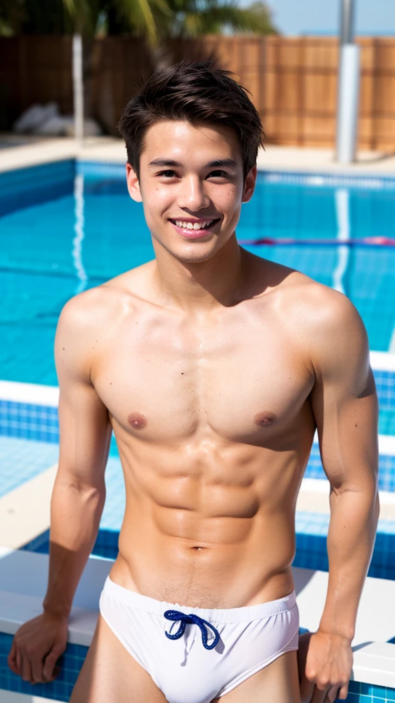 male Age 22 swimwear lifeguard topless smile