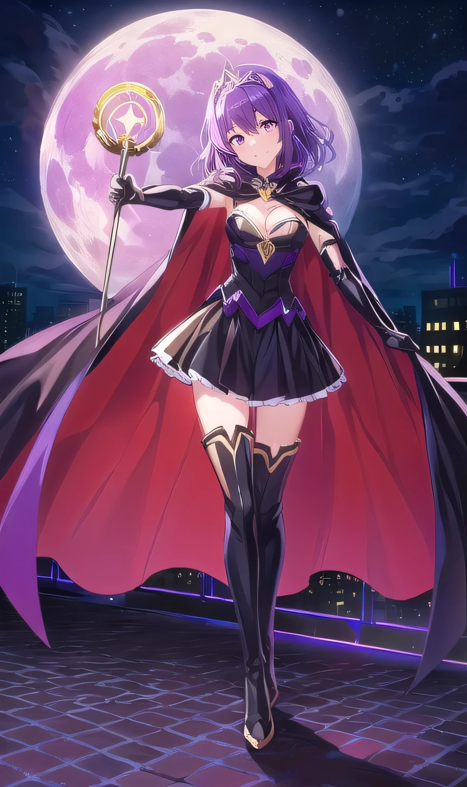 (masterpiece), 1girl, full body, magical girl, purple hair, lavender eyes, medium chest circumference, black cape, elbow gloves, dark dress, skirt, thigh boots, holding spelling stick, magic circle, background rooftop, night sky, full moon,