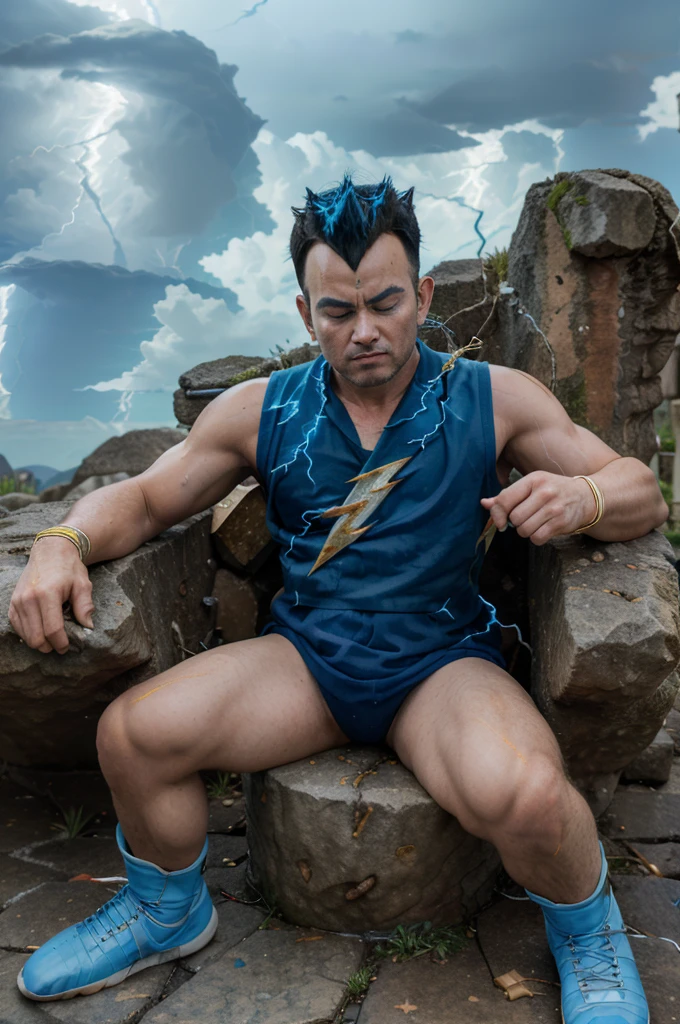 (masterpiece, best quality:1.2),medium shot, high angle photo of vegeta, king, ((50 years old)), serious, ((sad face)), spiked hair, black hair, black eyes, cavanhaque,white armor,com ombreiras marrom,capa vermela, white gloves, sitting on stone throne, destroyed throne, destroyed castle background, sayan king, noble, post apocalyptic war,surrounded by (blue lightning:1.5), ((eyes closed)), sad person