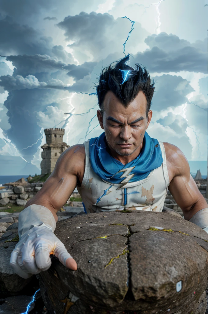 (masterpiece, best quality:1.2),medium shot, high angle photo of vegeta, king, ((50 years old)), serious, ((sad face)), spiked hair, black hair, black eyes, cavanhaque,white armor,com ombreiras marrom,capa vermela, white gloves, sitting on stone throne, destroyed throne, destroyed castle background, sayan king, noble, post apocalyptic war,surrounded by (blue lightning:1.5), ((eyes closed)), sad person